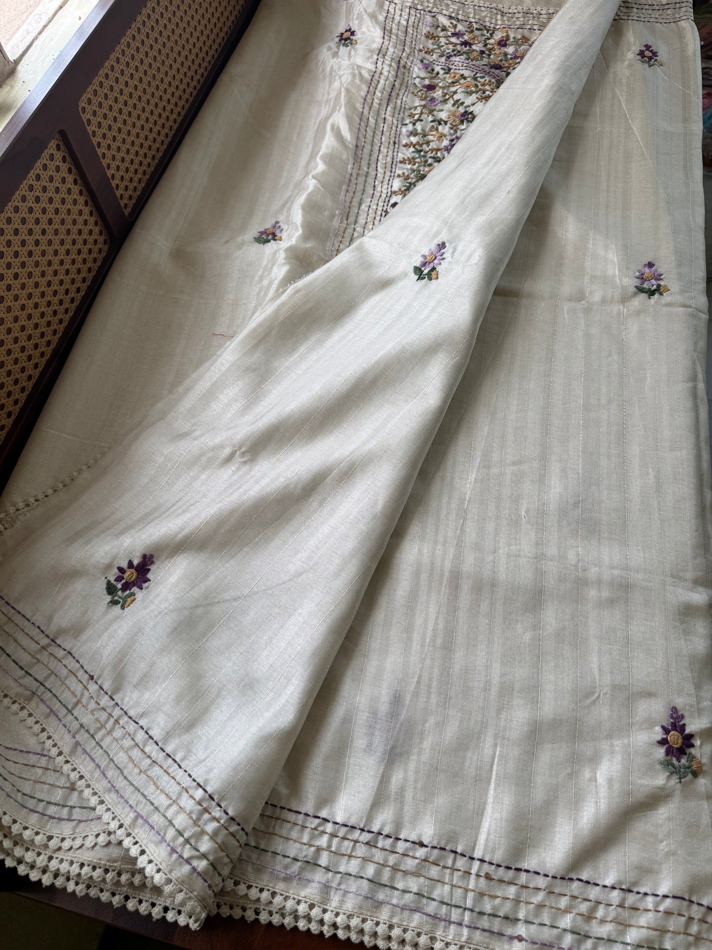 Premium Tussar Blend Saree with Handwork - Halfwhite & Voilet
