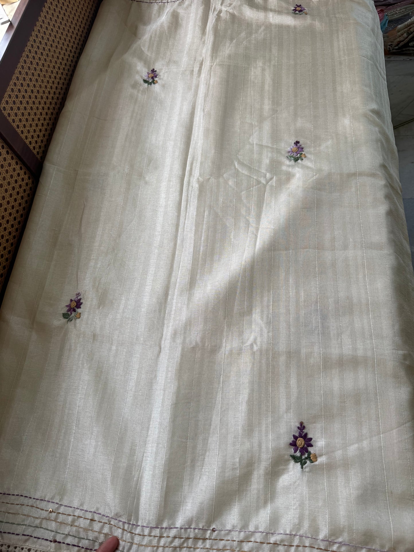 Premium Tussar Blend Saree with Handwork - Halfwhite & Voilet