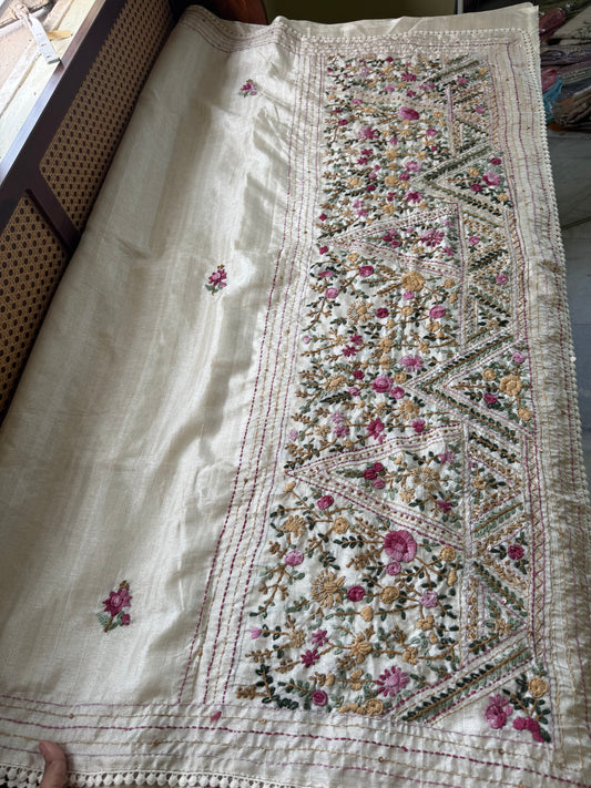 Premium Tussar Blend Saree with Handwork - Halfwhite & Pink