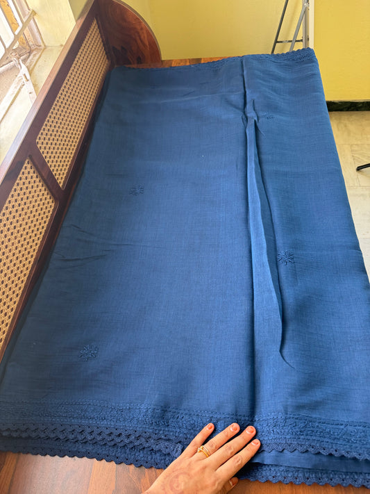 Pure Mul Chanderi Chikankari Saree - Blue