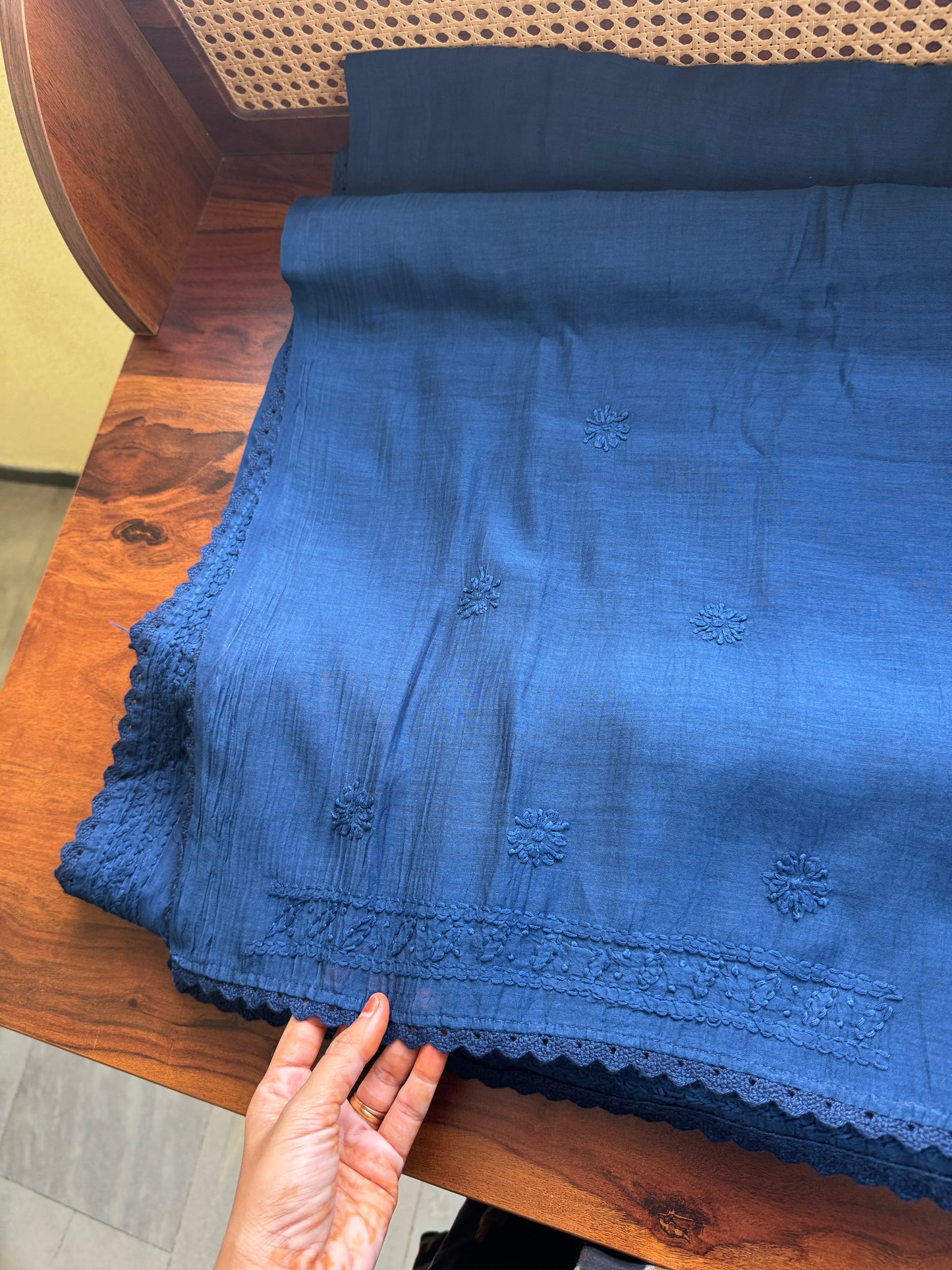 Pure Mul Chanderi Chikankari Saree - Blue