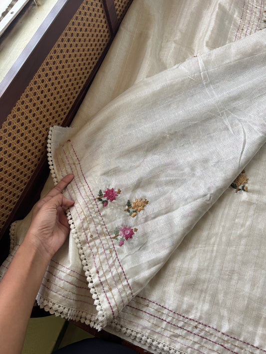 Premium Tussar Blend Saree with Handwork - Halfwhite & Pink