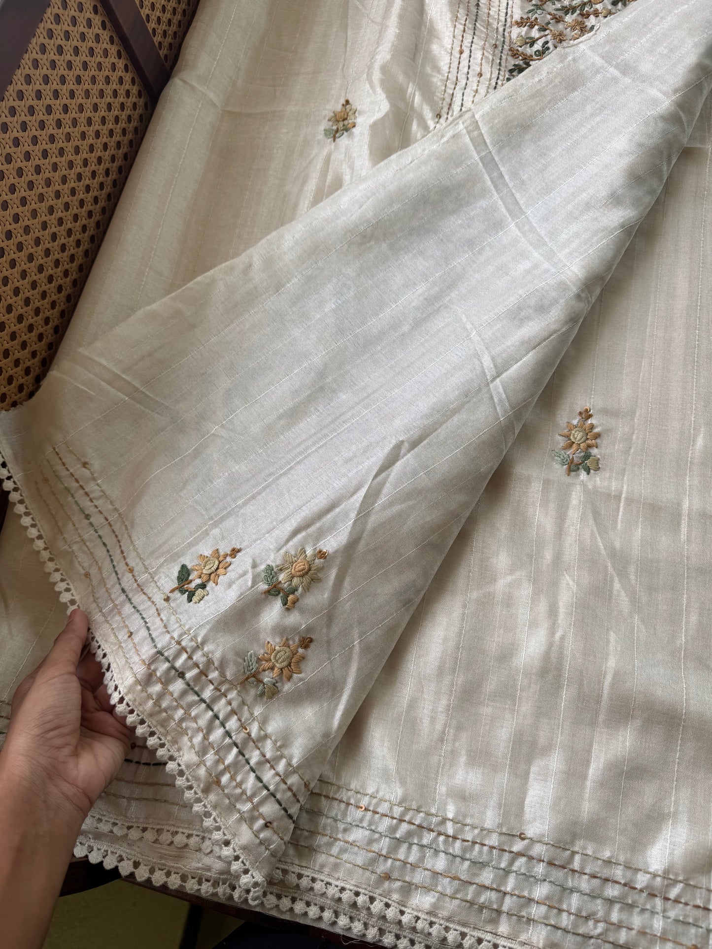 Premium Tussar Blend Saree with Handwork - Halfwhite & Mustard