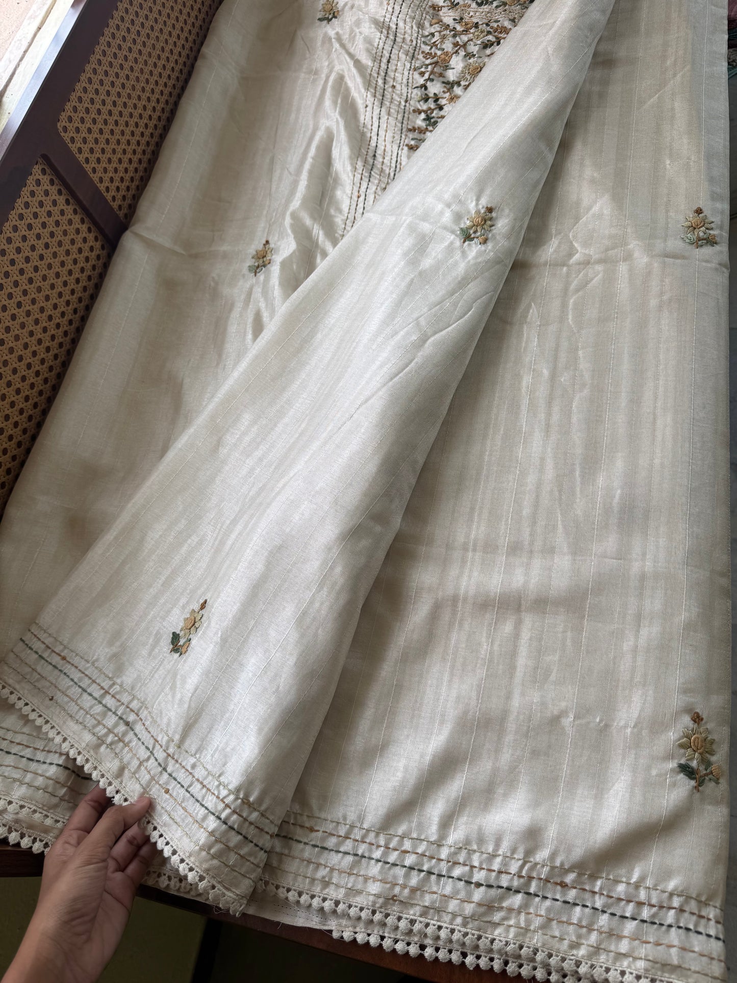 Premium Tussar Blend Saree with Handwork - Halfwhite & Mustard