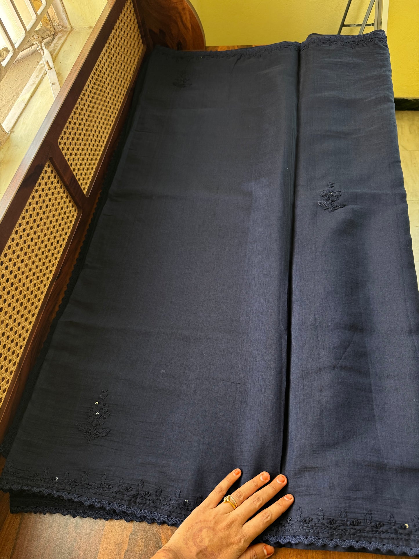 Pure Mul Chanderi Chikankari Saree - Navy Blue