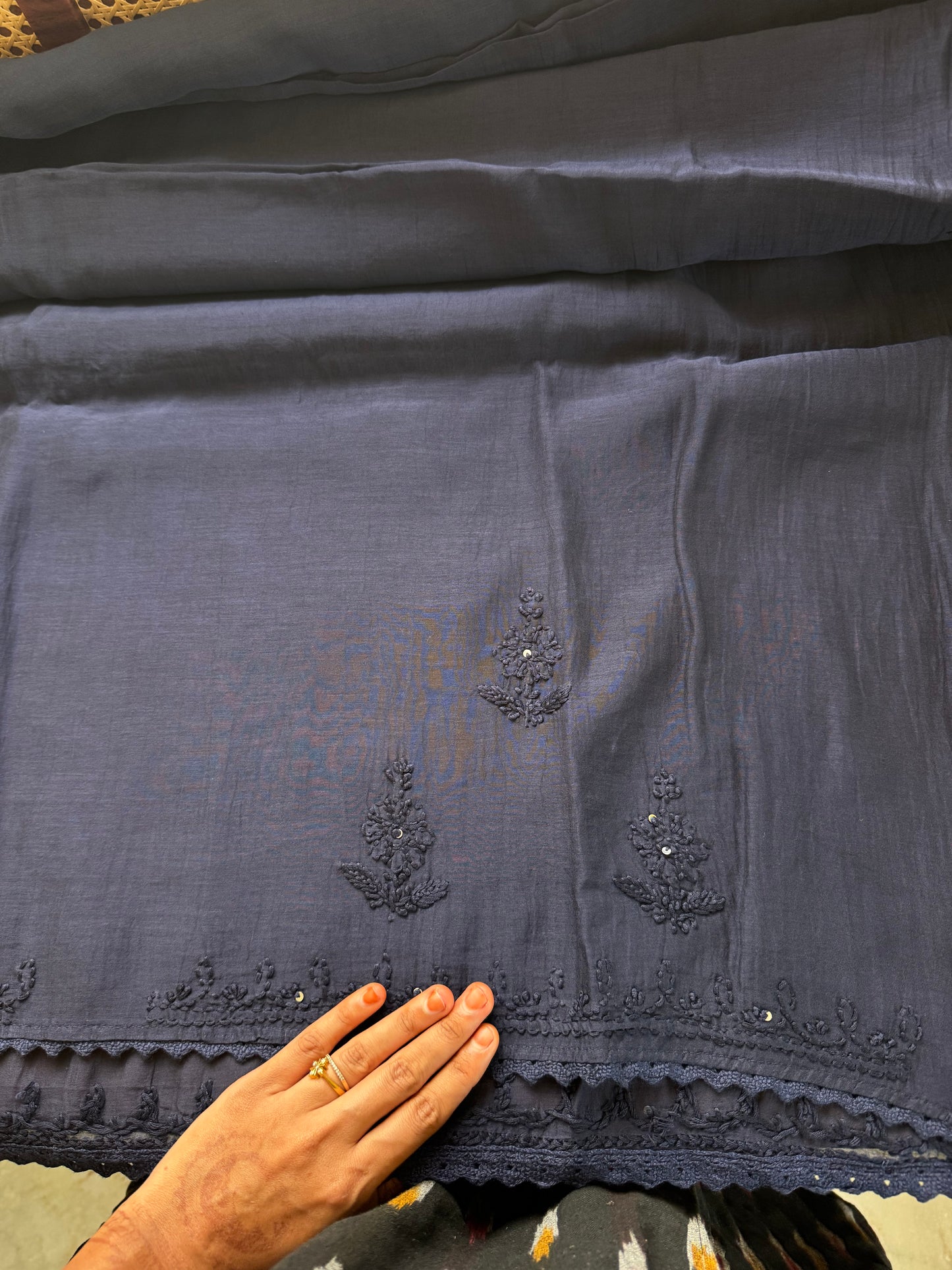 Pure Mul Chanderi Chikankari Saree - Navy Blue