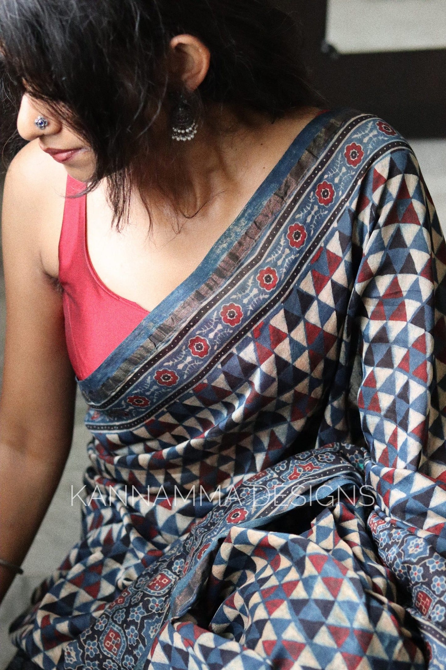 Ajrakh Chanderi Handblock Print Saree - Blue(KS388)
