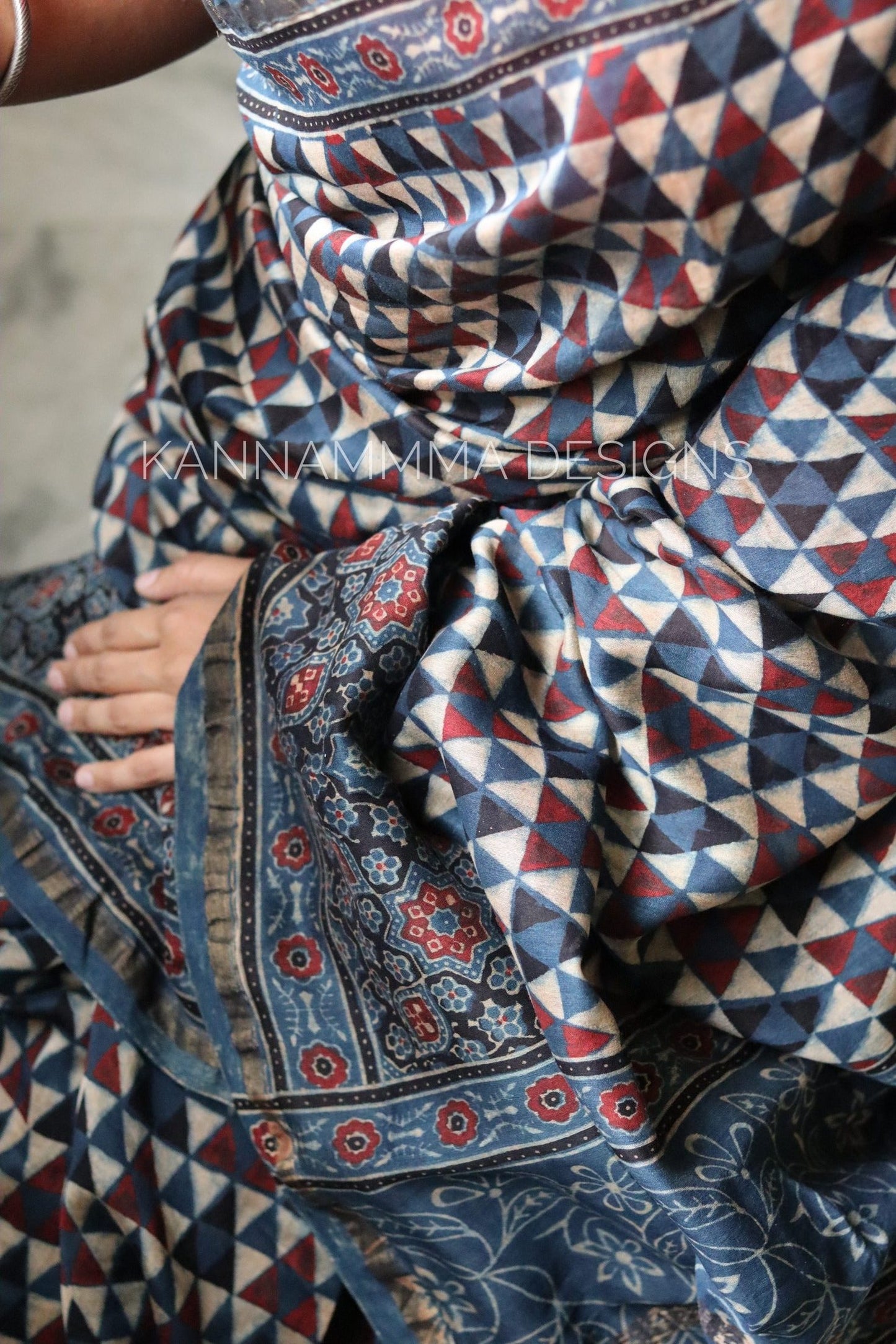 Ajrakh Chanderi Handblock Print Saree - Blue(KS388)