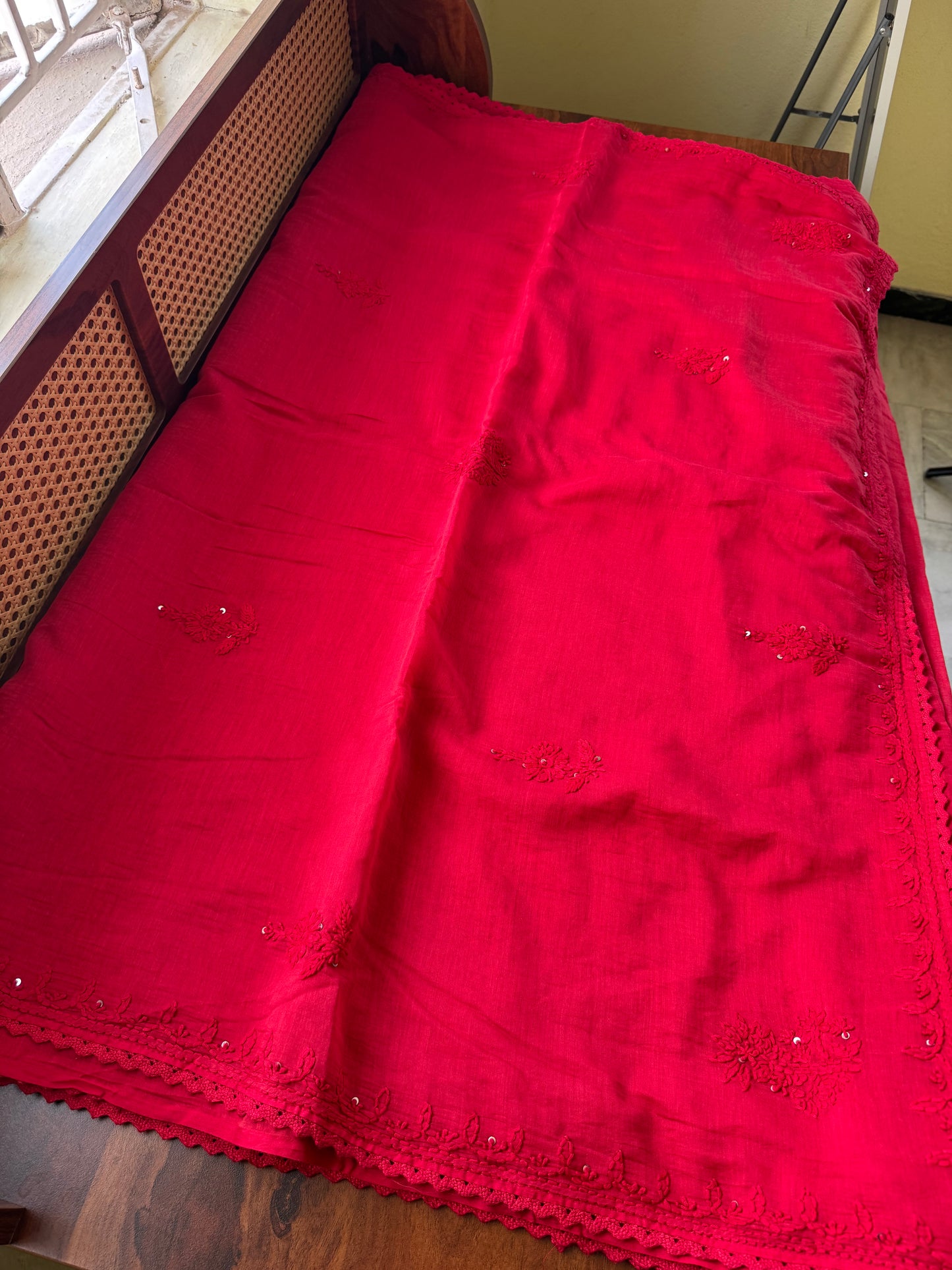 Pure Mul Chanderi Chikankari Saree - Cherry Red