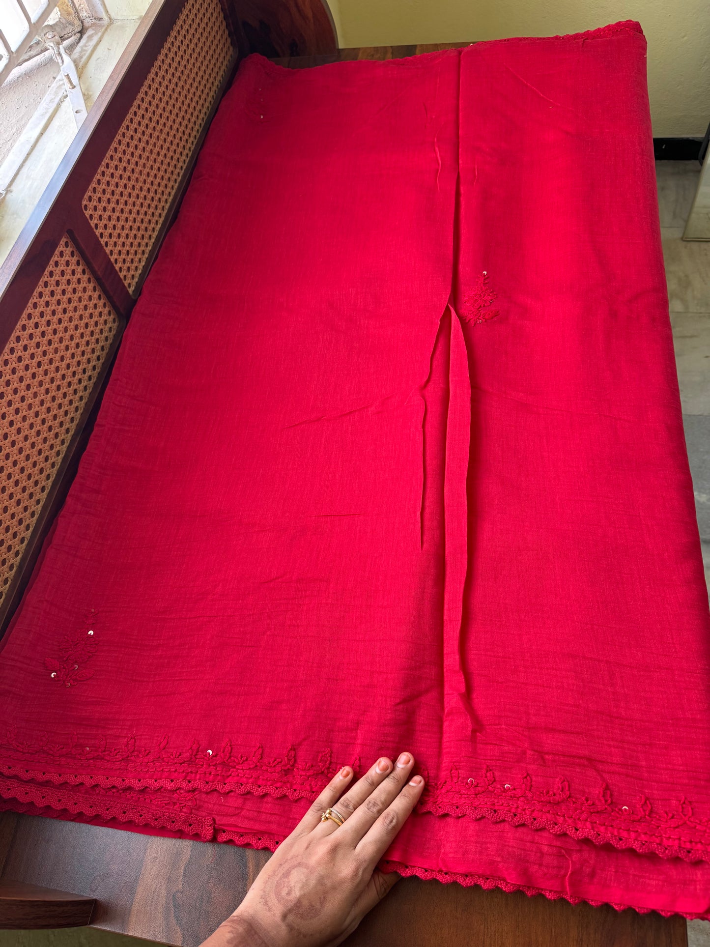 Pure Mul Chanderi Chikankari Saree - Cherry Red