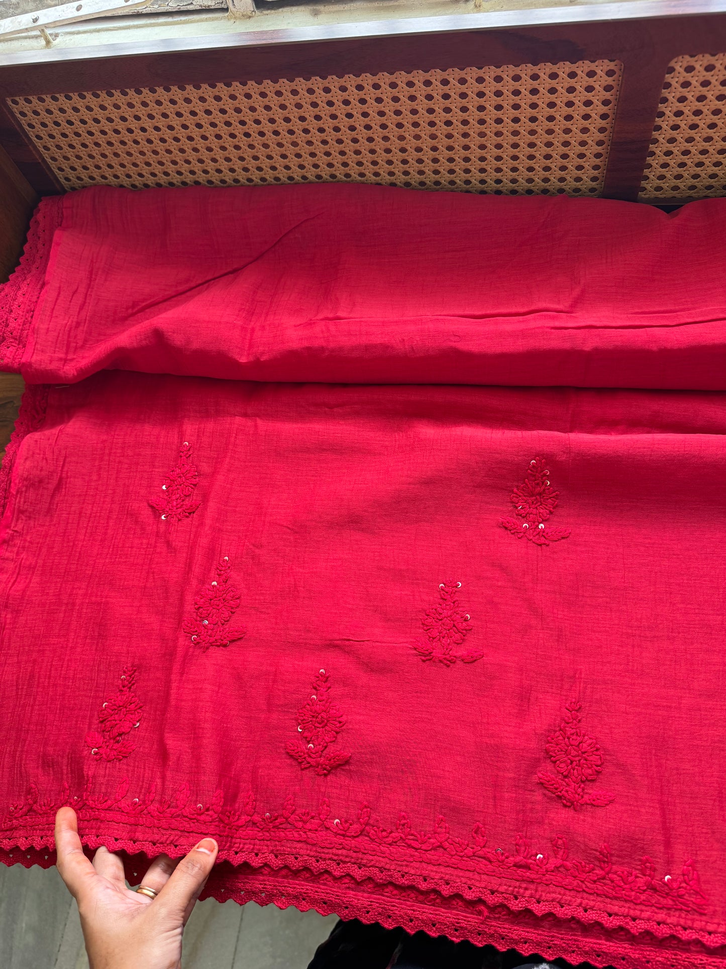 Pure Mul Chanderi Chikankari Saree - Cherry Red