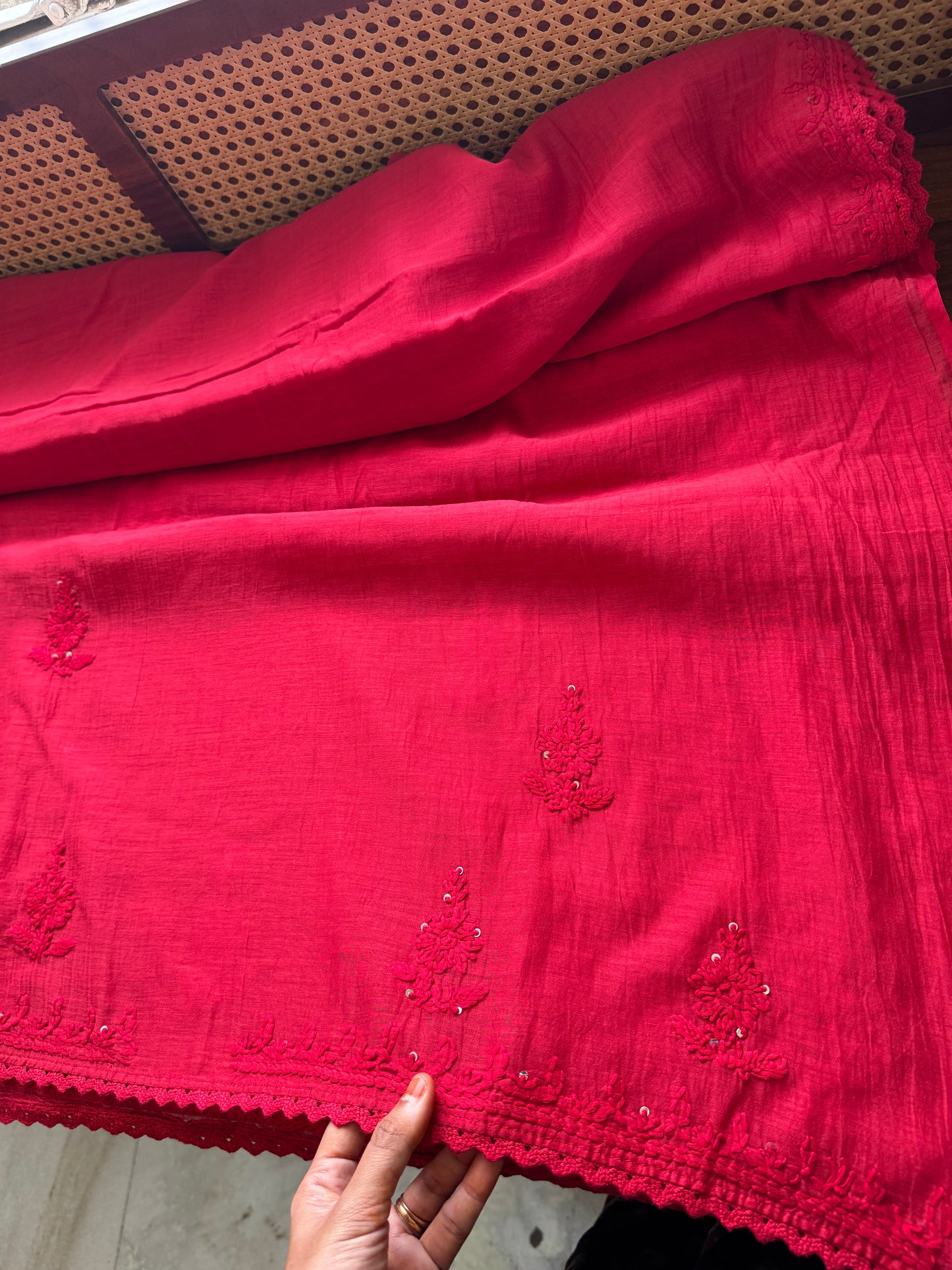 Pure Mul Chanderi Chikankari Saree - Cherry Red