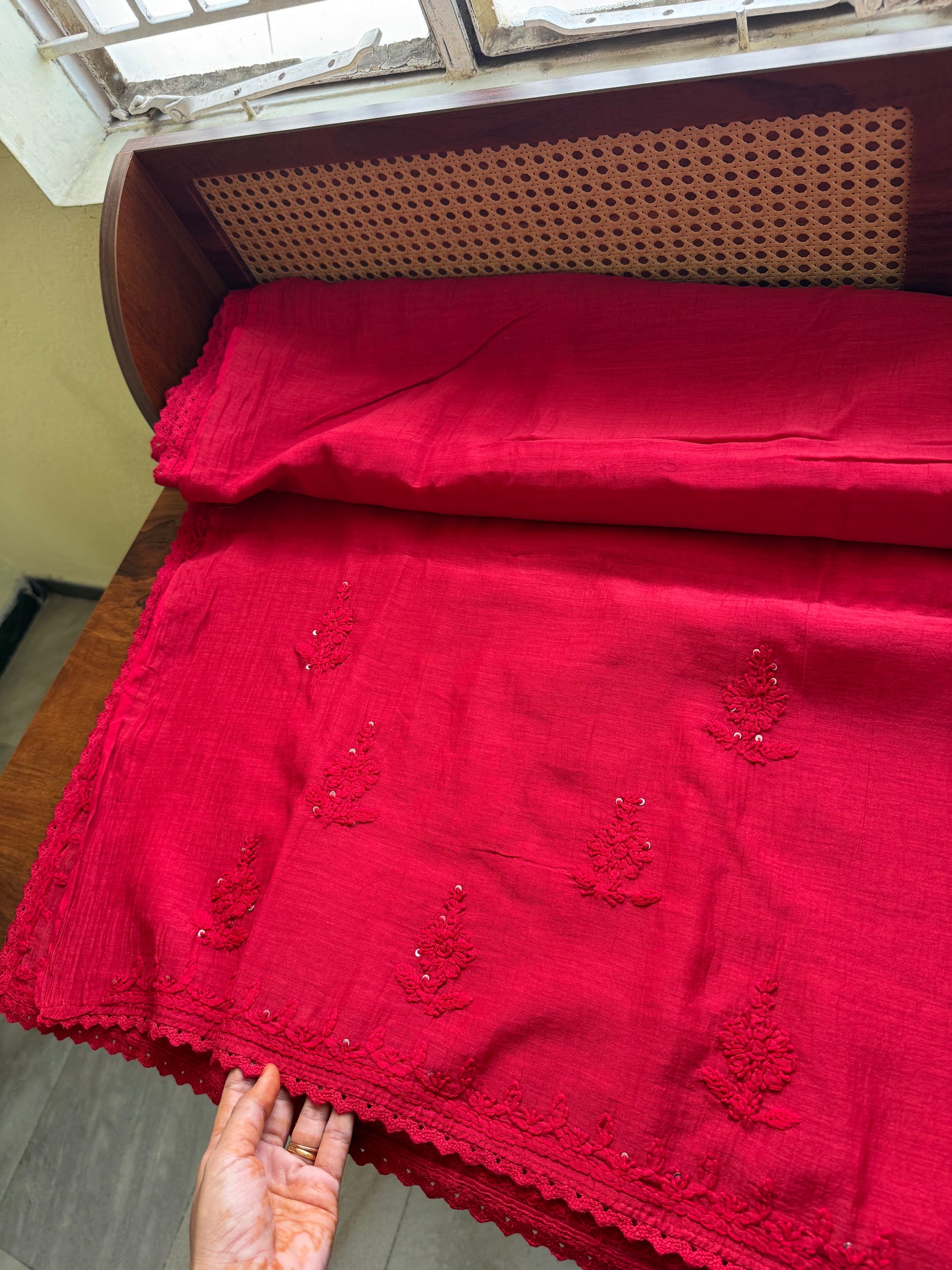 Pure Mul Chanderi Chikankari Saree - Cherry Red
