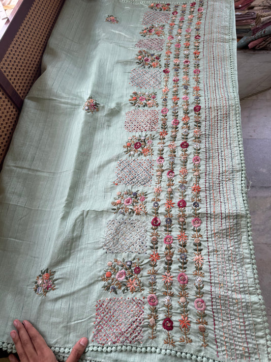 Hand Embroidered Tussar Blend Saree with heavy blouse  - Green