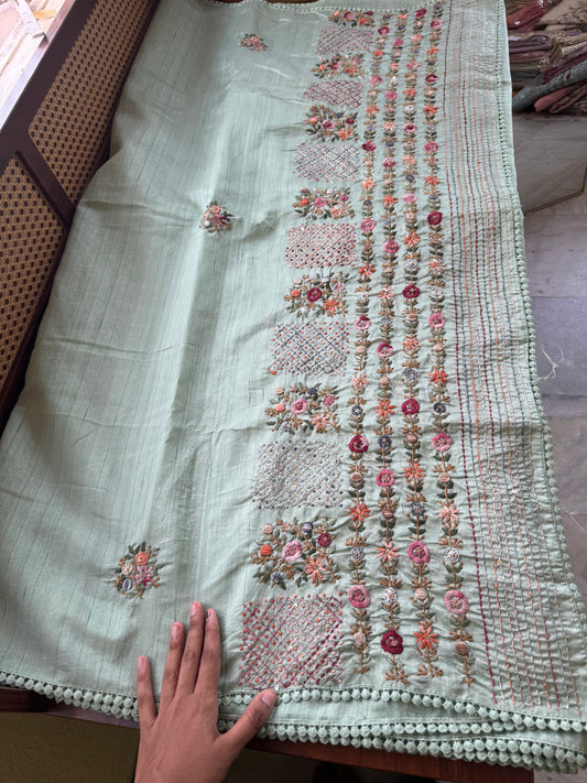 Hand Embroidered Tussar Blend Saree with heavy blouse  - Green