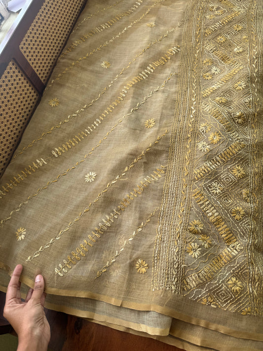 Premium Tissue Linen Sarees with all over & heavy blouse - Henna Green