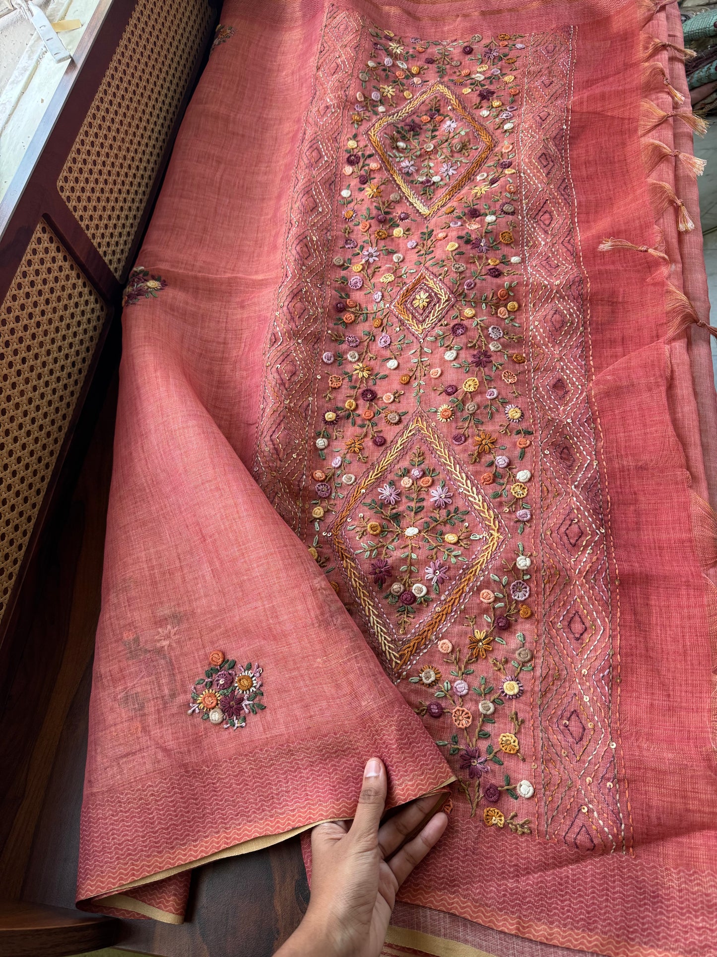 Premium Tissue Linen Sarees with heavy blouse - Peach