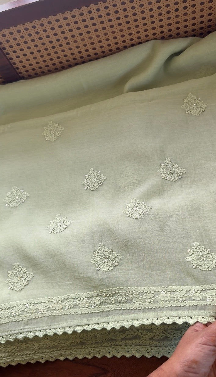 Pure Mul Chanderi Chikankari Saree - Pastel Green