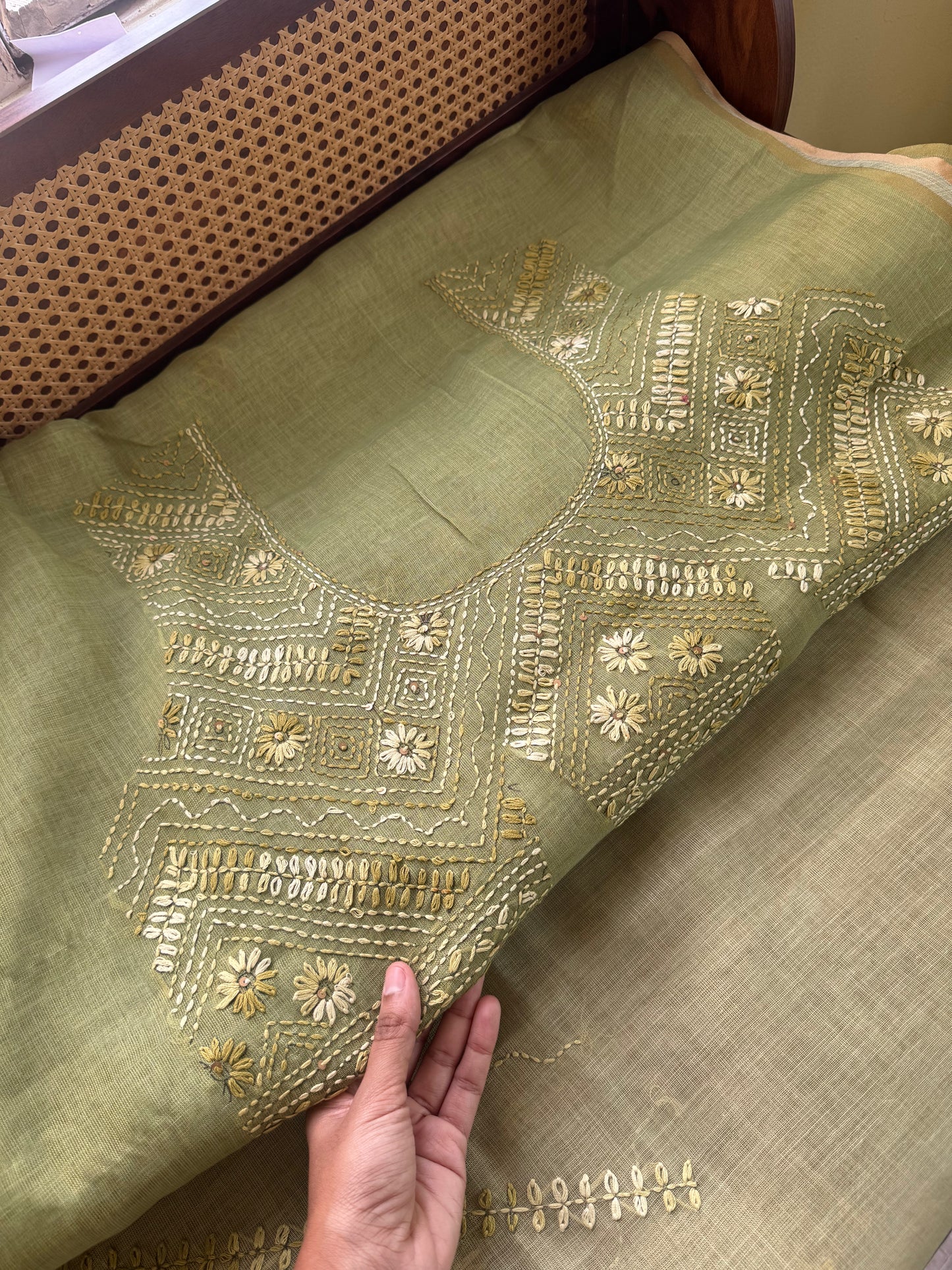 Premium Tissue Linen Sarees with all over & heavy blouse - Green