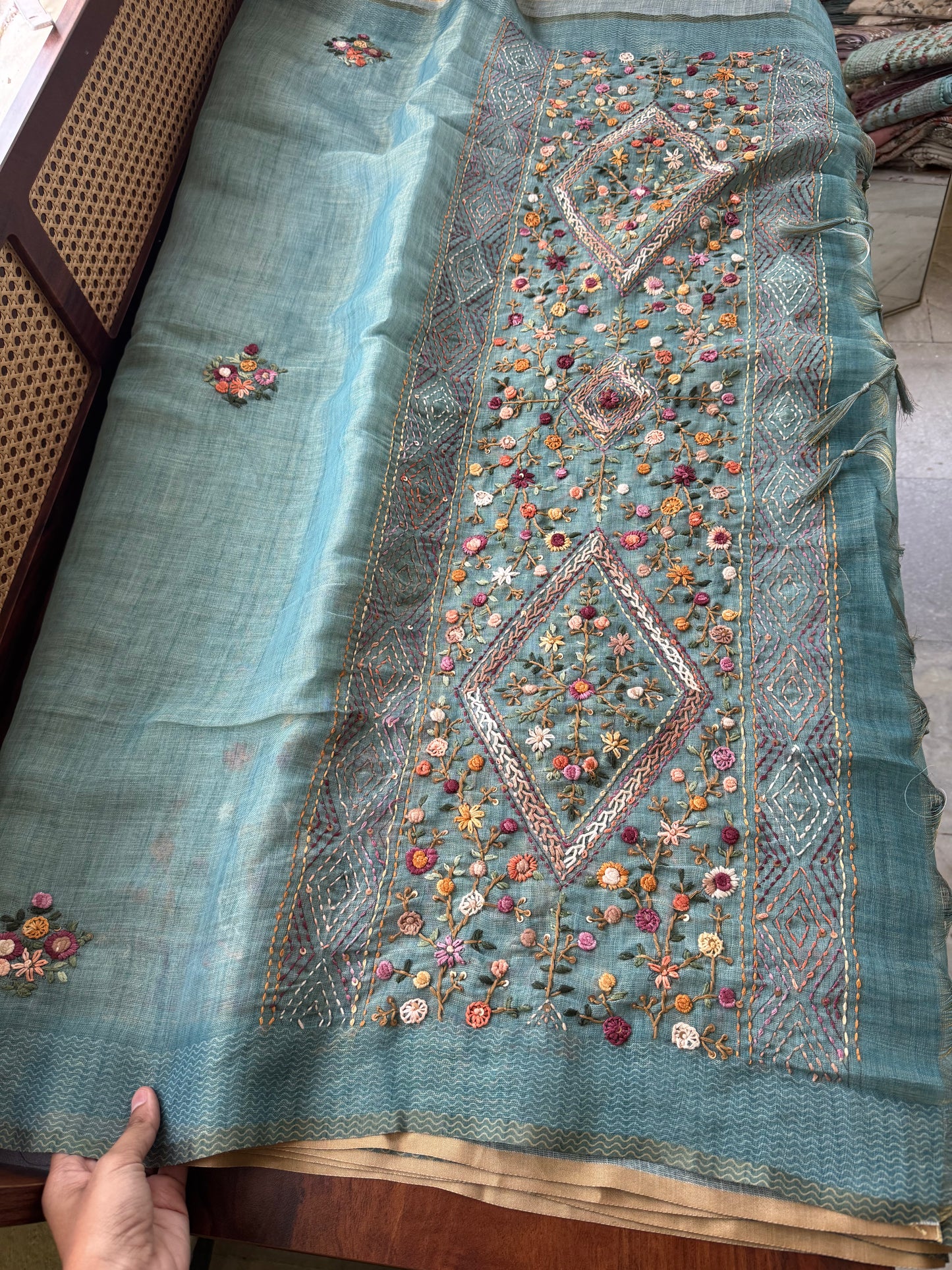 Premium Tissue Linen Sarees with heavy blouse - Blue