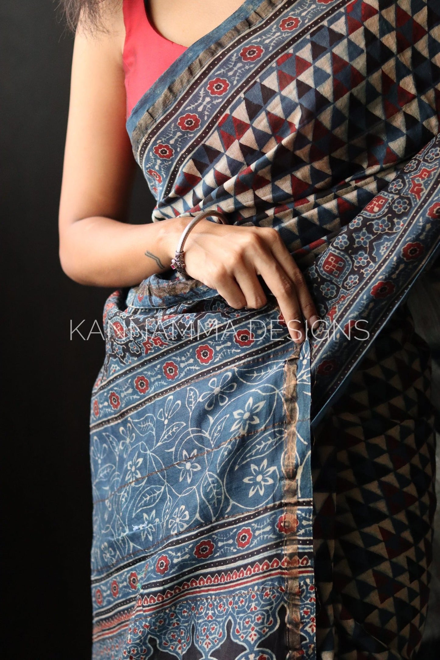 Ajrakh Chanderi Handblock Print Saree - Blue(KS388)