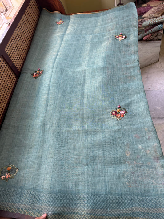 Premium Tissue Linen Sarees with heavy blouse - Blue