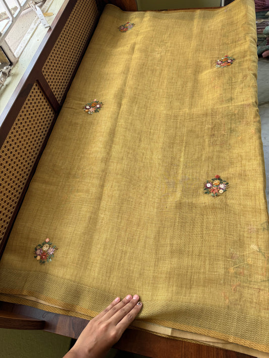Premium Tissue Linen Sarees with heavy blouse - Henna Green
