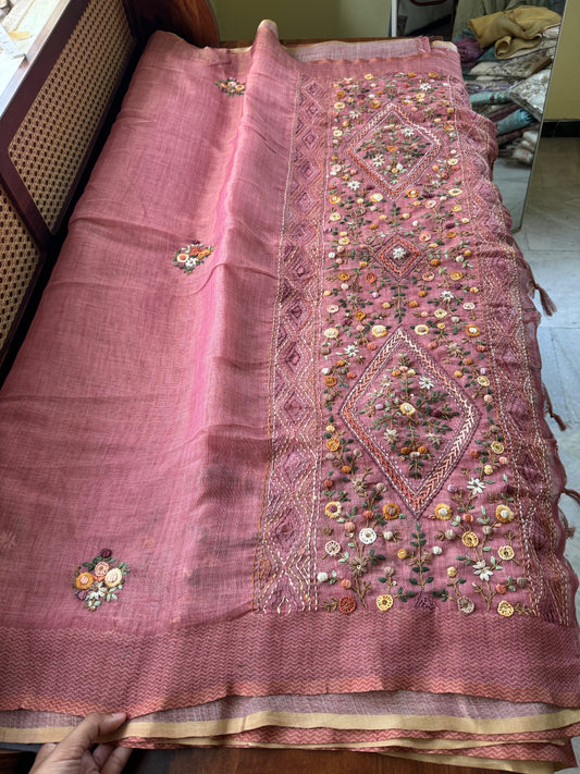 Premium Tissue Linen Sarees with heavy blouse - Pink