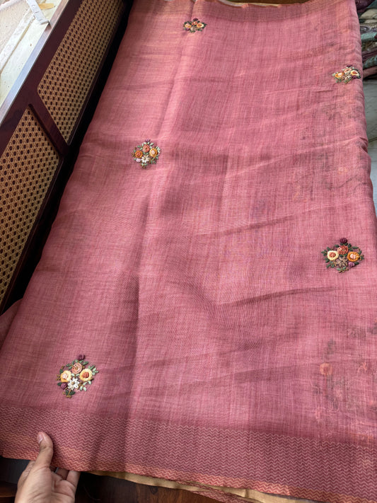 Premium Tissue Linen Sarees with heavy blouse - Pink