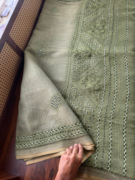 Premium Tissue Linen Sarees with borders & heavy blouse - Green