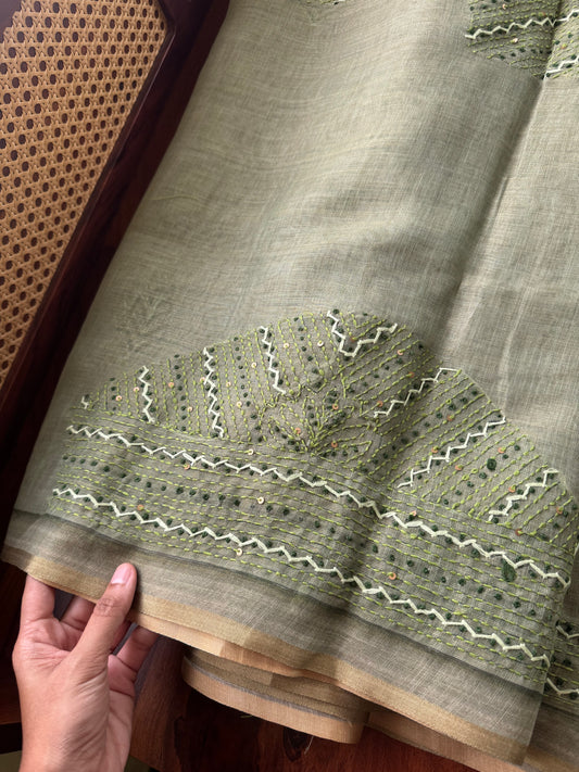 Premium Tissue Linen Sarees with borders & heavy blouse - Green