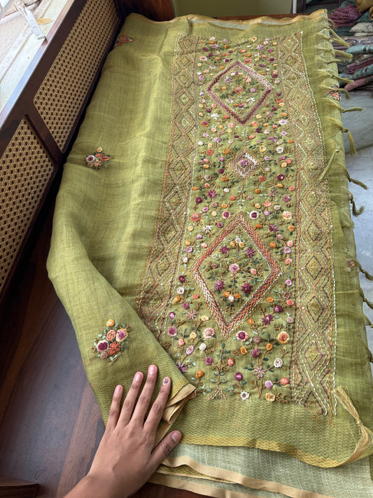 Premium Tissue Linen Sarees with heavy blouse - Green