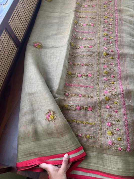Premium Tissue Linen Sarees with heavy blouse - Green