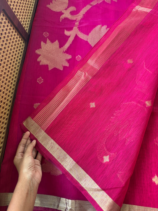 Minimal Tussar Georgette Blend Saree - Rani Pink