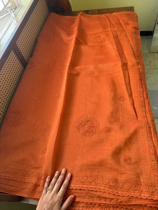 Pure Mul Chanderi Chikankari Saree - Rust Orange 2