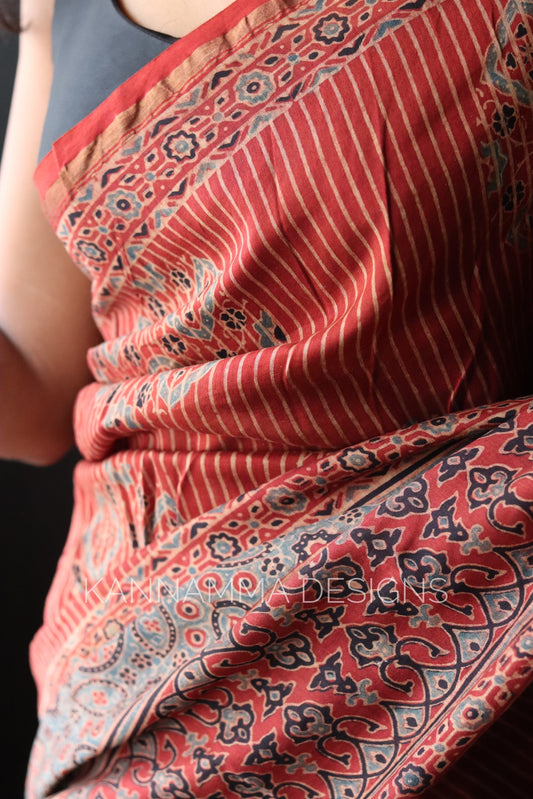 Ajrakh Chanderi Handblock Print Saree - Brick Red(KS391)