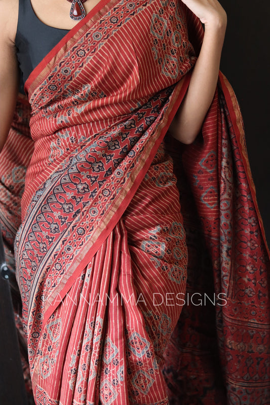 Ajrakh Chanderi Handblock Print Saree - Brick Red(KS391)