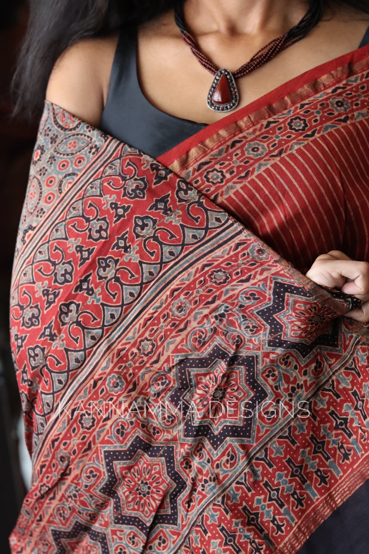 Ajrakh Chanderi Handblock Print Saree - Brick Red(KS391)