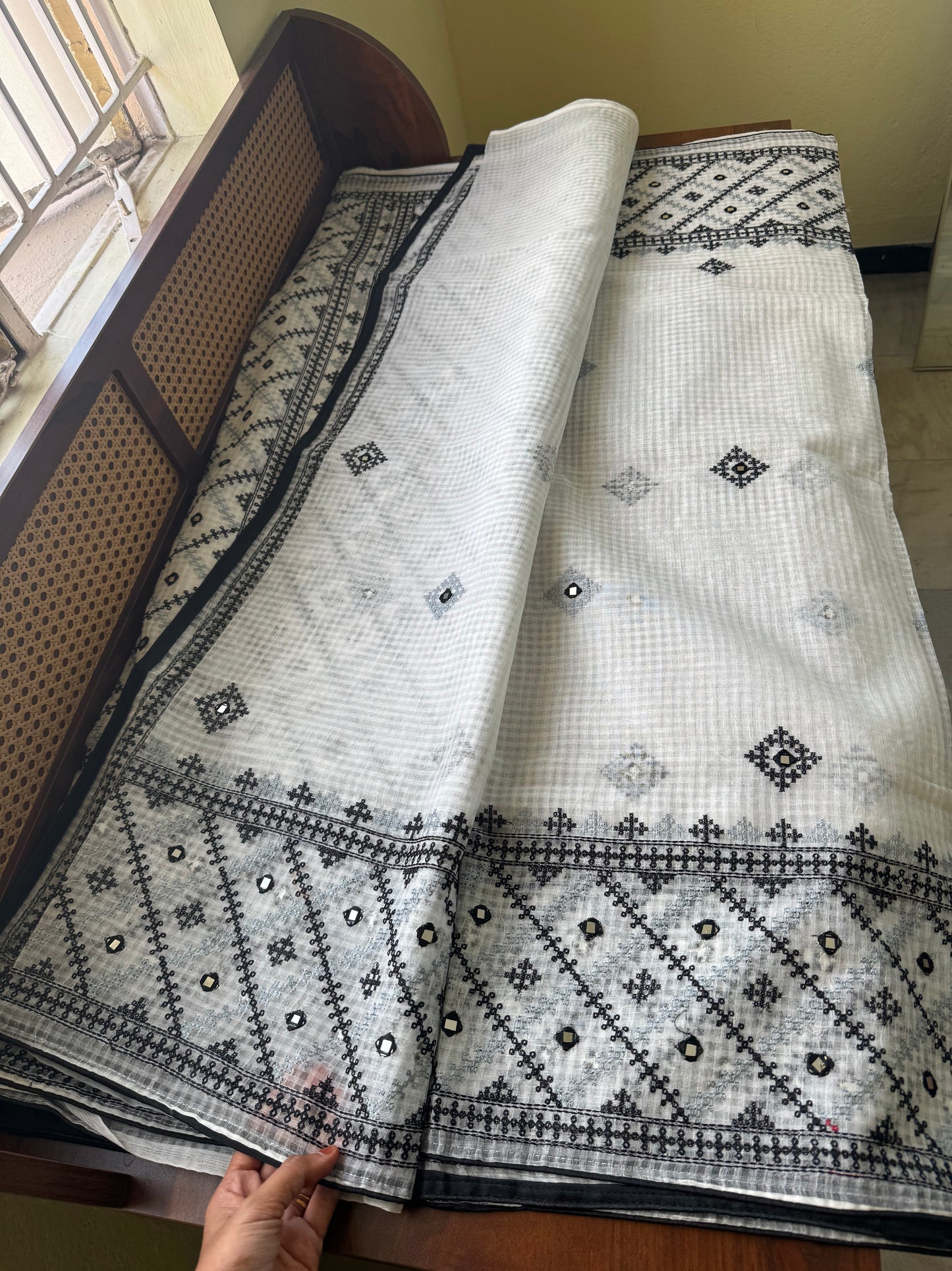 Embroidered Resham Silk Kota Saree - White