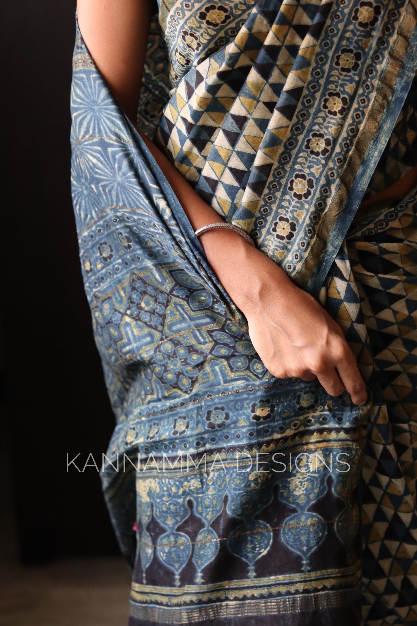 Ajrakh Chanderi Handblock Print Saree - Blue Green(KS389)