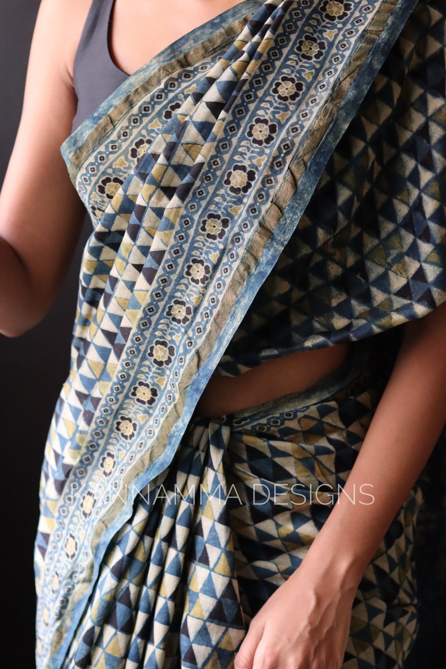 Ajrakh Chanderi Handblock Print Saree - Blue Green(KS389)