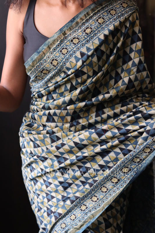 Ajrakh Chanderi Handblock Print Saree - Blue Green(KS389)