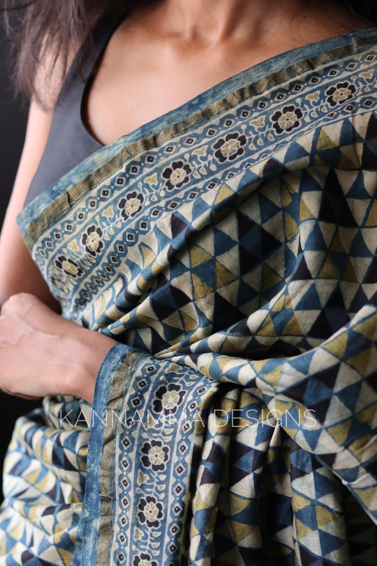 Ajrakh Chanderi Handblock Print Saree - Blue Green(KS389)