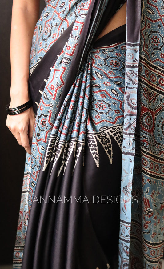 Ajrakh Modal Silk Saree - Black (KS393)