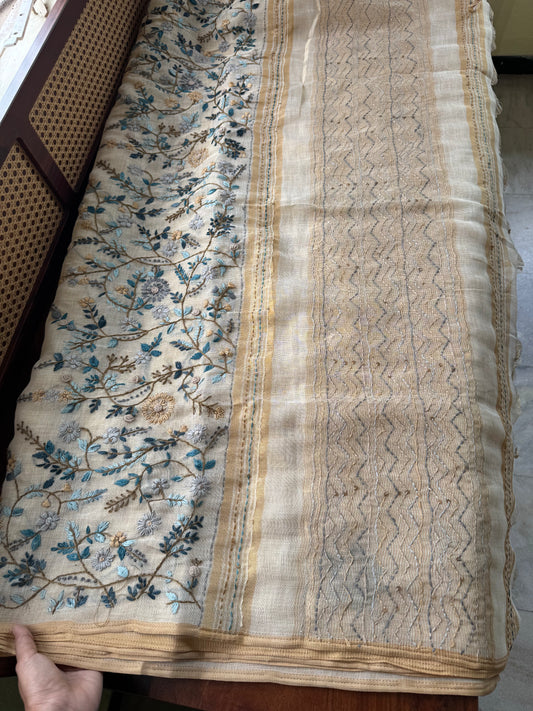 Premium Tissue Linen Sarees - Beige & Blue