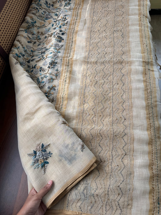 Premium Tissue Linen Sarees - Beige & Blue