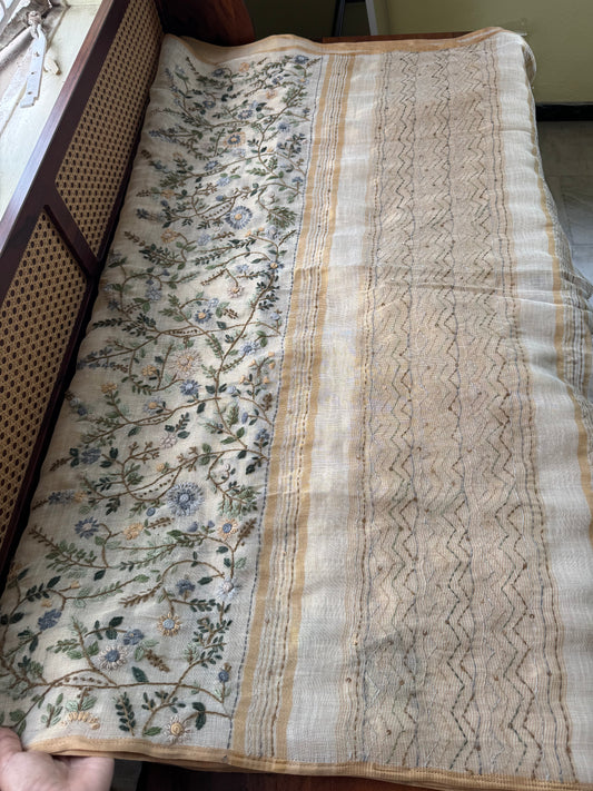 Premium Tissue Linen Sarees - Beige & Green