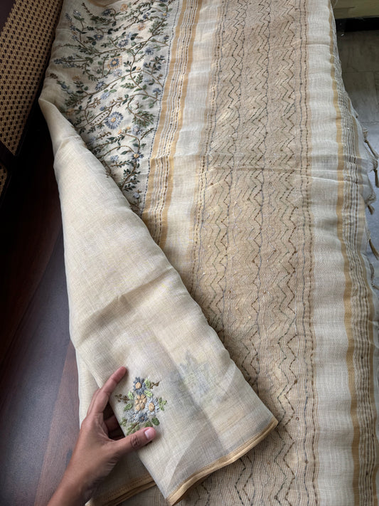Premium Tissue Linen Sarees - Beige & Green