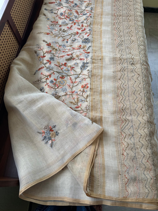 Premium Tissue Linen Sarees - Beige & Orange
