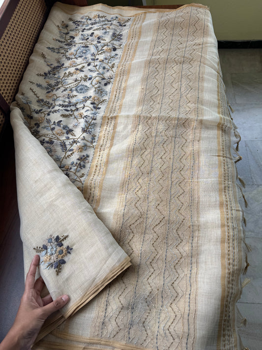 Premium Tissue Linen Sarees - Beige & Grey